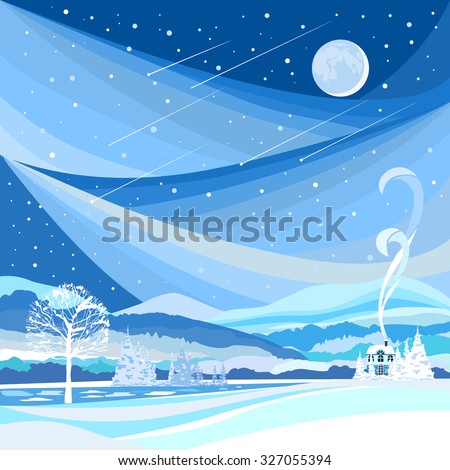 Winter landscape. Flat design. Night landscape with the moon and Star fall