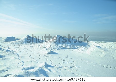 snow and ice covered the sea coast