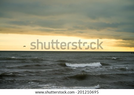 sunset and sea waves. Evening clouds