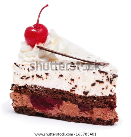 Slice of chocolate cake with cherry on the top isolated on a white background