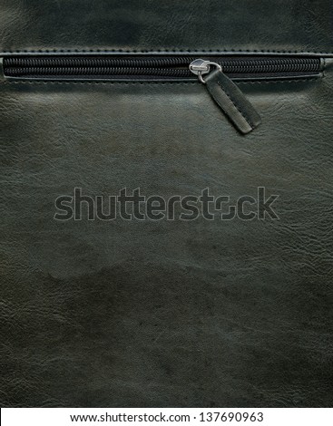 Zipper on a leather bag, black leather texture