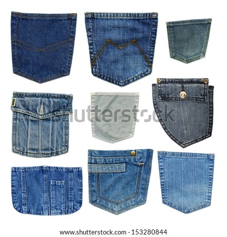 blue jeans pockets isolated on white background, set
