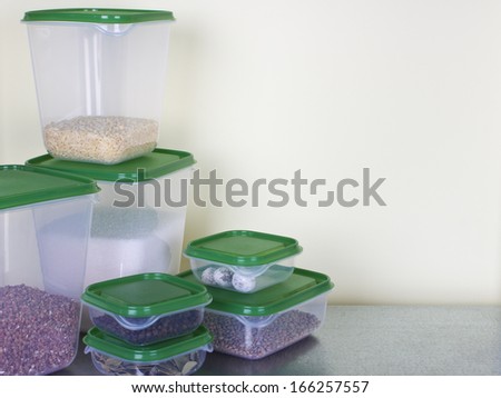 Filled plastic containers on the shelf