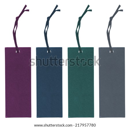 four blank cardboard tags of different colors on white background