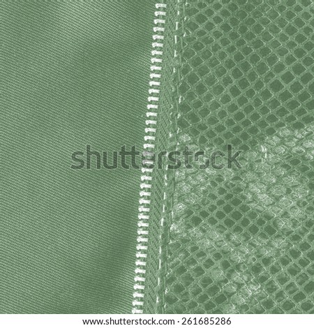 green artificial snake skin texture closeup, zipper (fragment of female handbag imitation snakeskin)