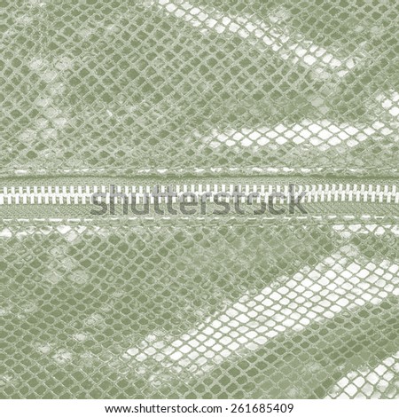 green artificial snake skin texture closeup, zipper (fragment of female handbag imitation snakeskin)