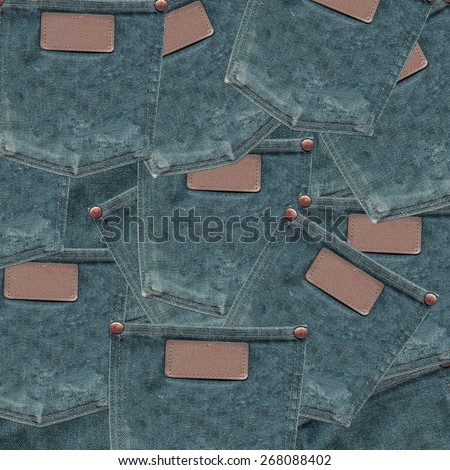 background of green jeans pockets with labels