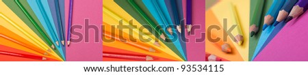 set of rainbows (background of differently colored papers and pencils)