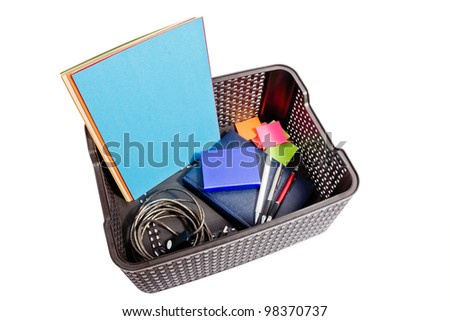 office supplies packed in the plastic box isolated on white