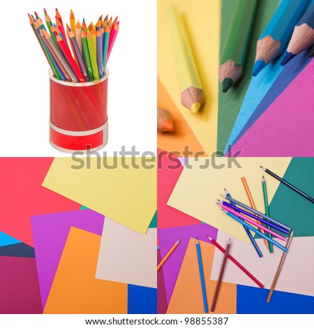 set of colorful pencils and paper