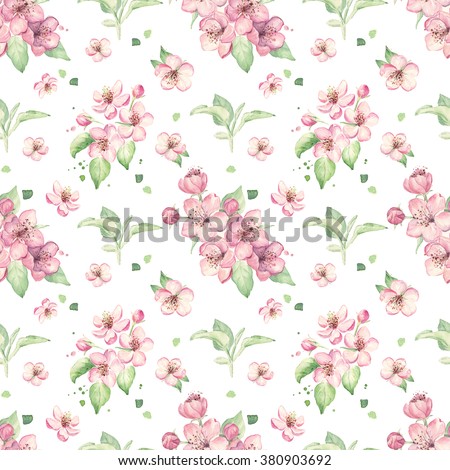 Apple pink flowers. Cherry blossom. Floral pattern. Watercolor