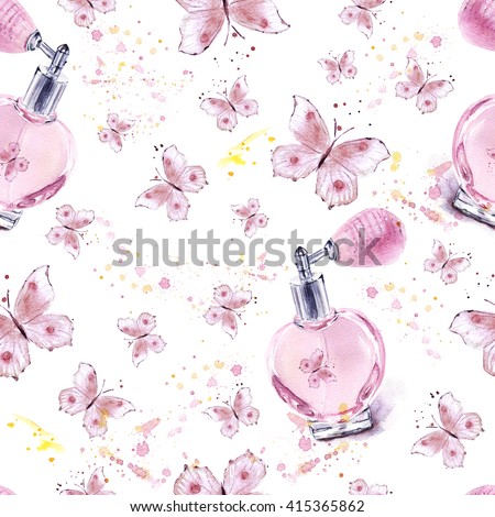 Perfume bottle spraying butterflies. Watercolor. Seamless pattern