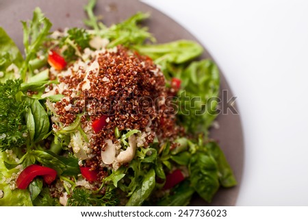Quinoa salad with green leaves, basil, red pepper, cashew nuts, baby beans and avocado