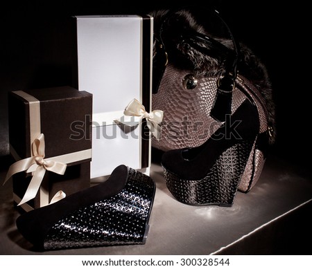 Composition luxury elegant high heeled shoes, gift boxes, glamour bag, fox fur