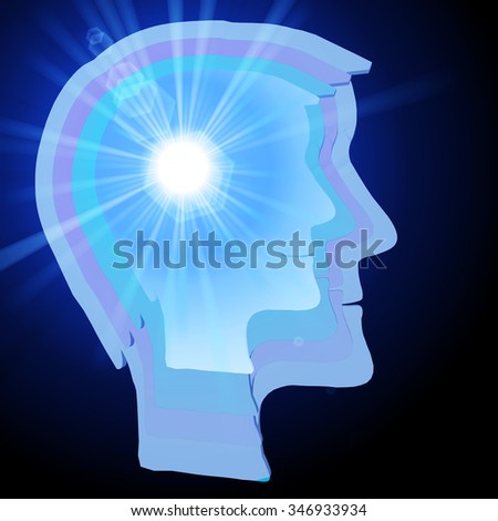 Abstract layered human head with light shining from the brain area, illustrating mental activity, the psyche, bright ideas.