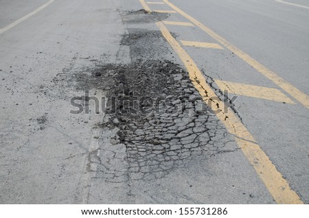 Asphalt surface, on of the road were demolished due to poor construction.
