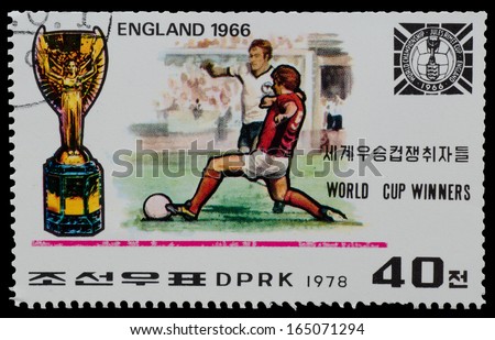 North Korea - Circa 1978: A Stamp Printed In North Korea Shows The England World Cup Champion (1966) From The Series &Quot;World Cup Winners&Quot;, Circa 1978