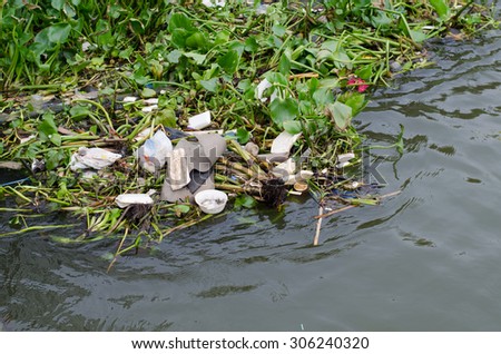 Bangkok ,Thailand-August ,1 : Garbage in the Chao Phraya River at Bangkok on August 1, 2015 . In Thailand a lot of people have no ecologic education and respect for the environment.