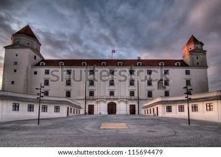 Bratislava castle (Bratislavsky hrad), a massive rectangular building with four corner towers on a isolated rocky hill above the Danube river in the middle of Bratislava, Slovakia