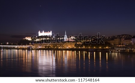 Bratislava panorama at night. In background is the castle and old town.