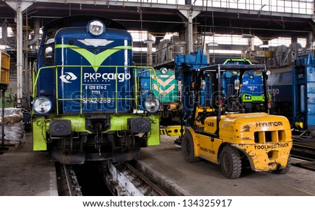 POZNAN, POLAND - MAR 20: Old Polish trains in service hall in Poznan-Franowo. The owner of the hall is PKP Cargo. Open day in hall on March 20, 2013