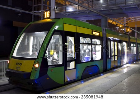 POZNAN, POLAND - JUNE 20, 2014:New tram line in tunnel. Built in the district Rataje. Line connects the city with the new tram depot and shopping center.