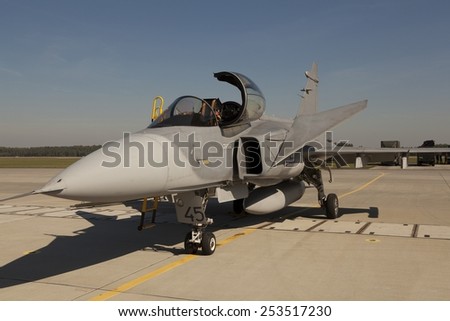 POZNAN, POLAND - JULY 11, 2014: The Saab JAS 39 Gripen is a light single-engine multirole fighter aircraft manufactured by the Swedish aerospace company Saab