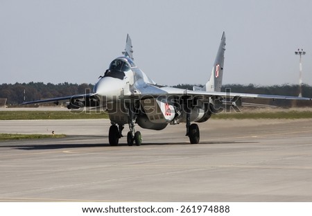 POZNAN, POLAND - JULY 1, 2014:The Mikoyan MiG-29 Fulcrum is a jet fighter aircraft designed in the Soviet Union.