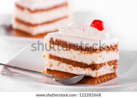 Close up photograph of a delicious vanilla cream cake