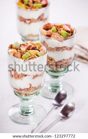 Photograph of a healthy fruit yogurt with cereals