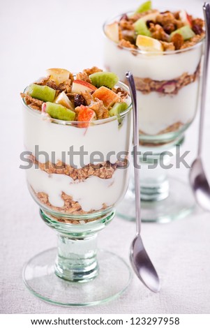 Photograph of a healthy fruit yogurt with cereals