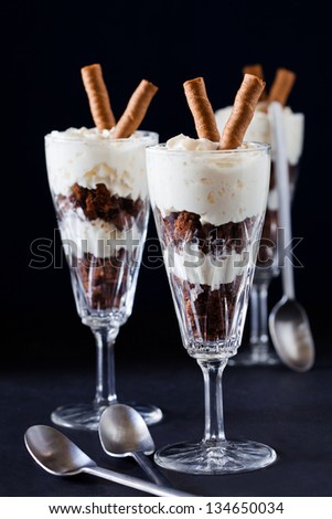 Close up photograph of a chocolate and whipped cream dessert in a glass