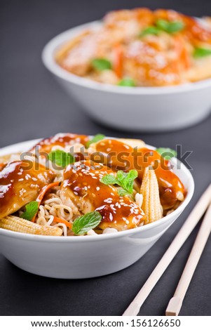 Close up photograph of tasty chinese meal with chicken