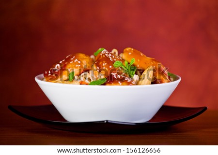 Close up photograph of tasty chinese meal with chicken