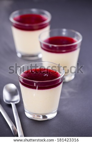 Close up of a glass of vanilla cream with a cherry jello topping