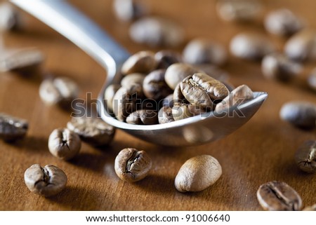 Close up photograph of a spoon full of coffee beans