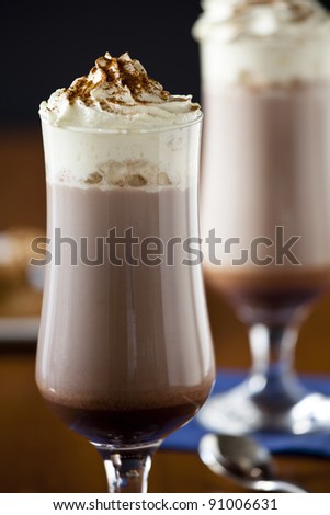 Photograph of two cold chocolate milk shakes