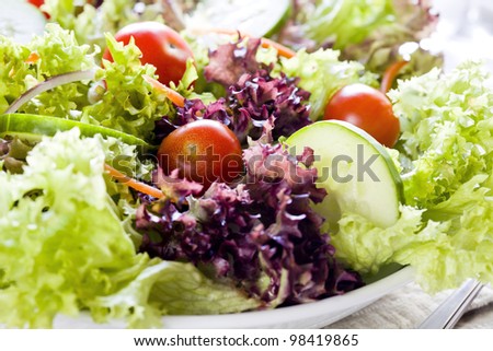 Photograph of a colorful cucumber and tomato salad