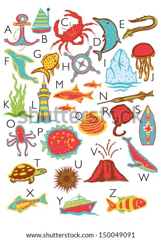 Ocean Theme Alphabet With Only Letters On White Background Stock Vector 