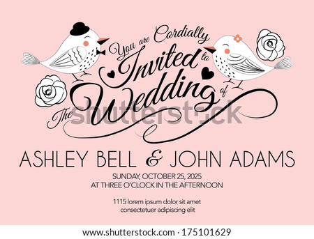Pink Wedding Invitation Card With Bird In Vector