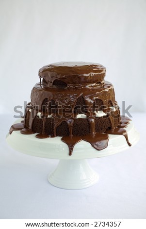 Tiered Chocolate Cake with vanllia filling and dripping chocolate topping and frosting