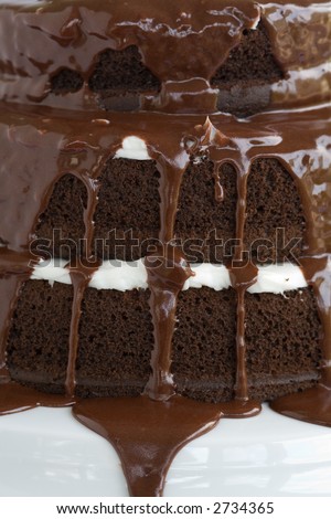 Tiered Chocolate Cake with vanllia filling and dripping chocolate topping and frosting