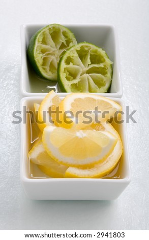 Bar garnish of fresh sliced lemon  and squeezed lime for any cocktail. Sliced Lemons and limes placed in a square bowl with water.