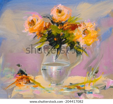 Yellow and Violet Flowers Bouquet. Colorful Flowers in a glass vase painted on canvas