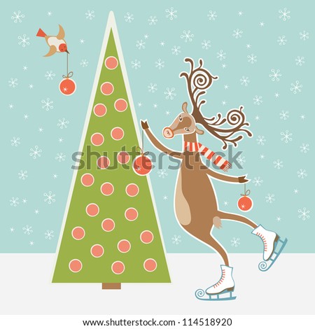 Vector Card With Skating Deer, Bird, Christmas Tree And Ball. Original