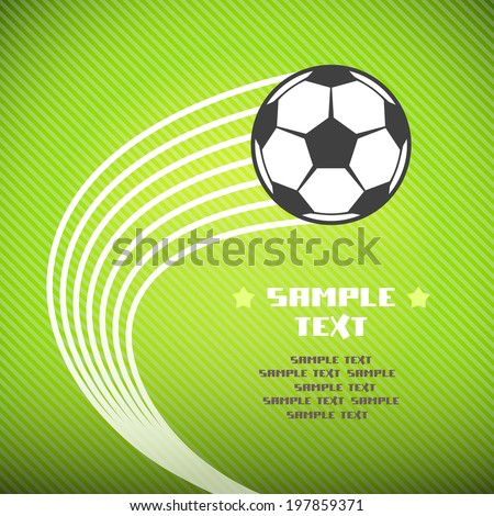 Vector soccer ball flying through air with motion trails. Sport football green background with text box. Illustration for print, web
