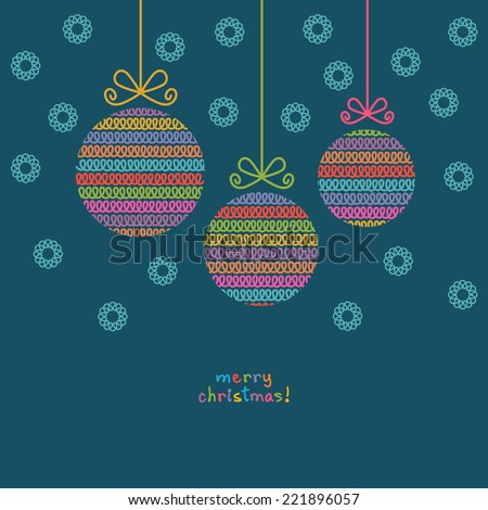 Vector christmas ball of doodle knitted shapes. Greeting, invitation card with decoration. Simple illustration for print, web