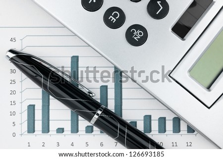 Bar chart with pen and calculator, numbers