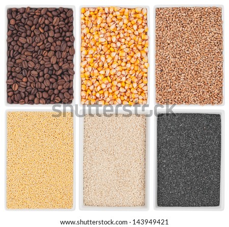coffee, corn, wheat, poppy, sesame, millet in a of ceramic plate isolated on white background