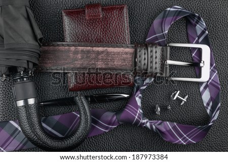 Tie, belt, wallet, cufflinks, pen and umbrella  lying on the skin, can be used as background